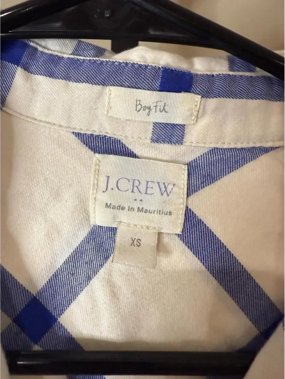 J.Crew Women's White and Blue Checkered Button-Up Shirt XS Boyfit